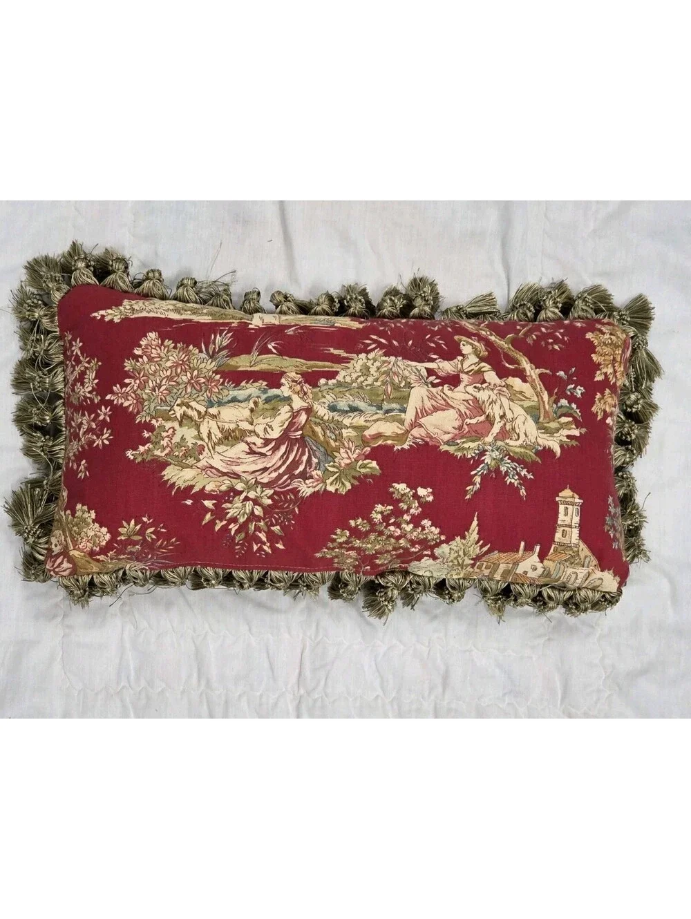 Wesley Hall 11 x 21 Fremont Red Pastorale Toile De Jouy Fringed Throw Pillow Vtg
